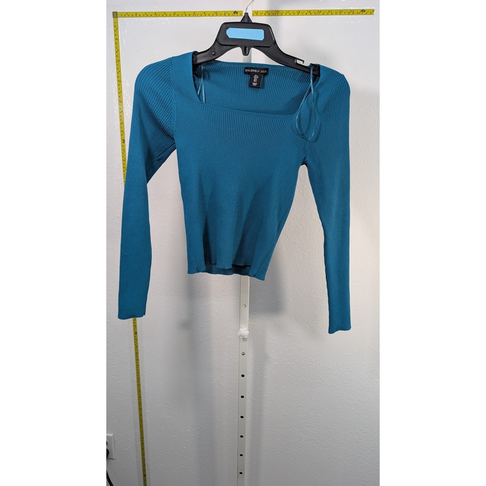 Sincerely Jules Teal Blue Ribbed Knit Square Neck Long Sleeve Top Large